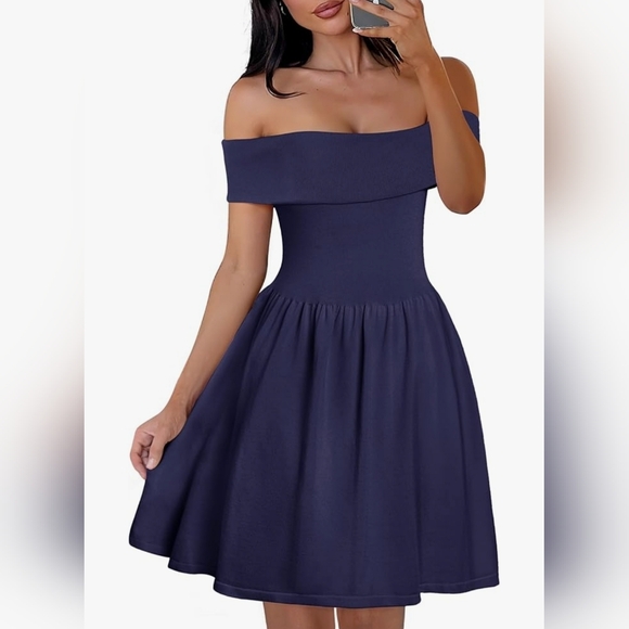 Navy Off Shoulder Mini Ruffle A Line Cocktail Party Knit Dress Size Large New - Picture 1 of 4